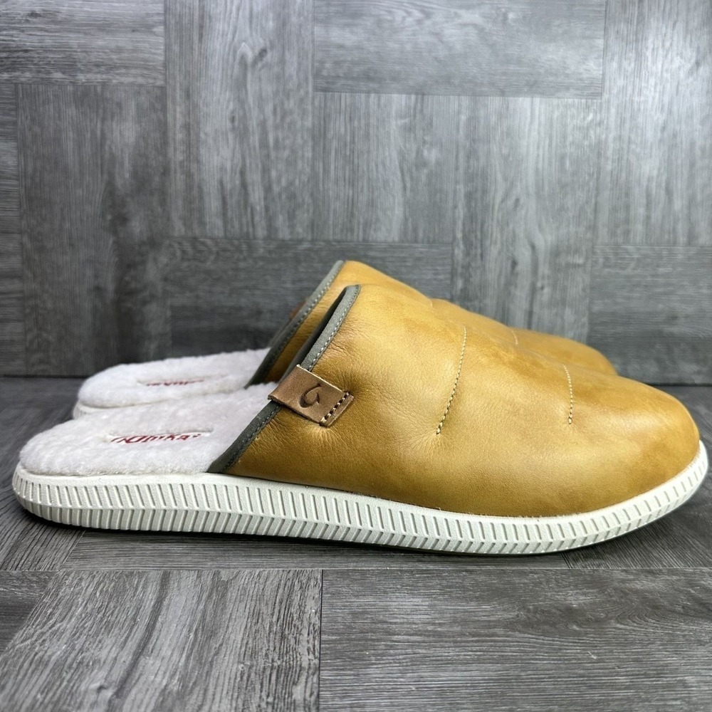 OluKai Mua 'Ili Slippers Mens 12 Tan Leather Shearling Mules NEW